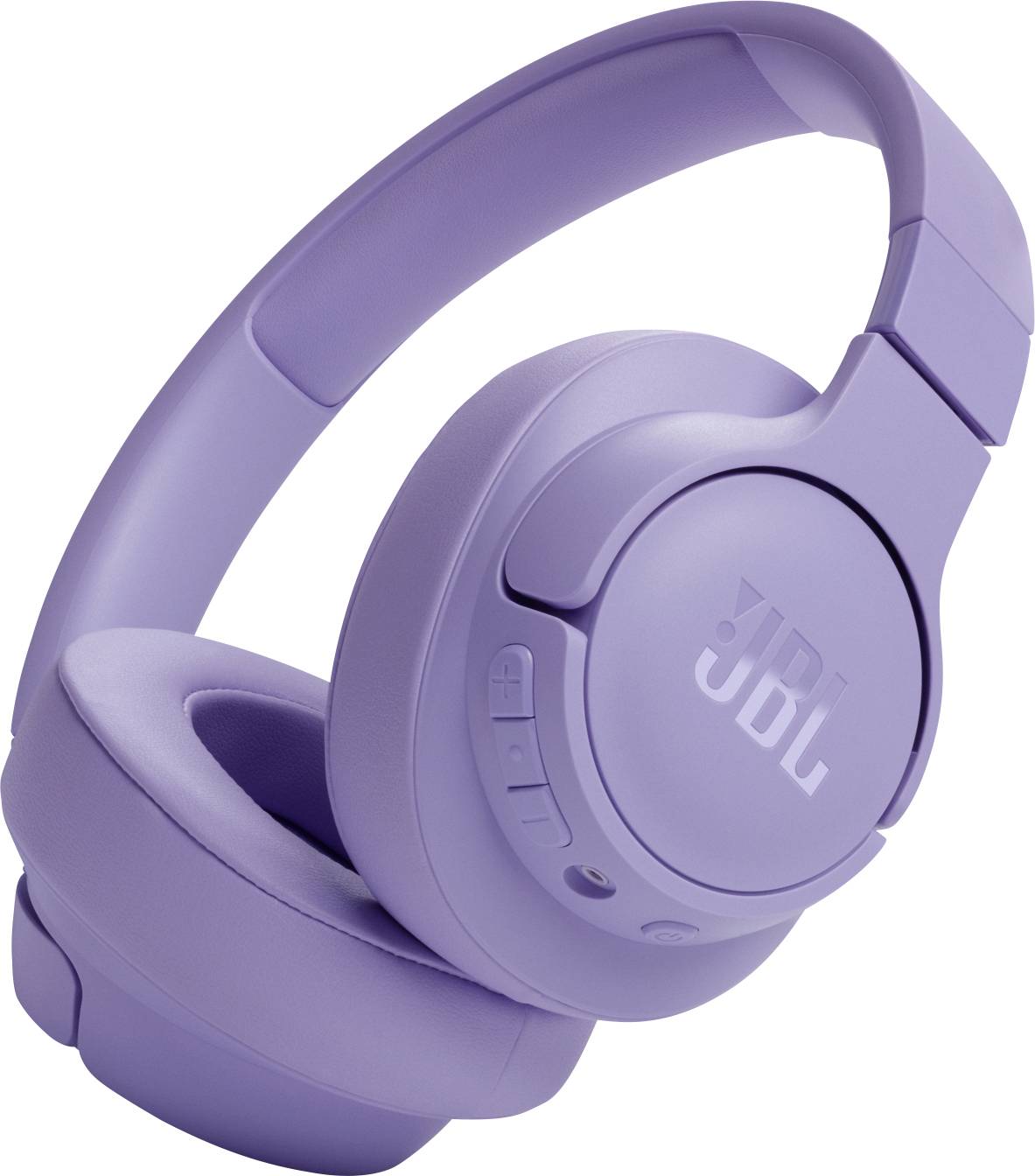Škatlasti vijolični bluetooth slušalke z logotipom znamke, gumbi za nadzor glasnosti in vklop/izklop na strani.
