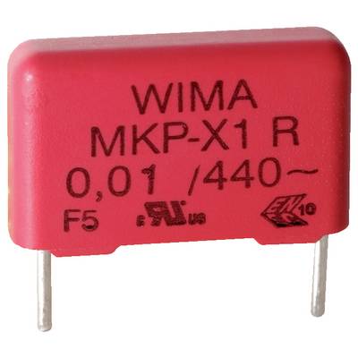 Pravokoten rdeč kondenzator WIMA, označen z 'MKP-X1 R 0.01/440~'. Ima dva kovinska priključka za povezavo v elektronsko vezje.