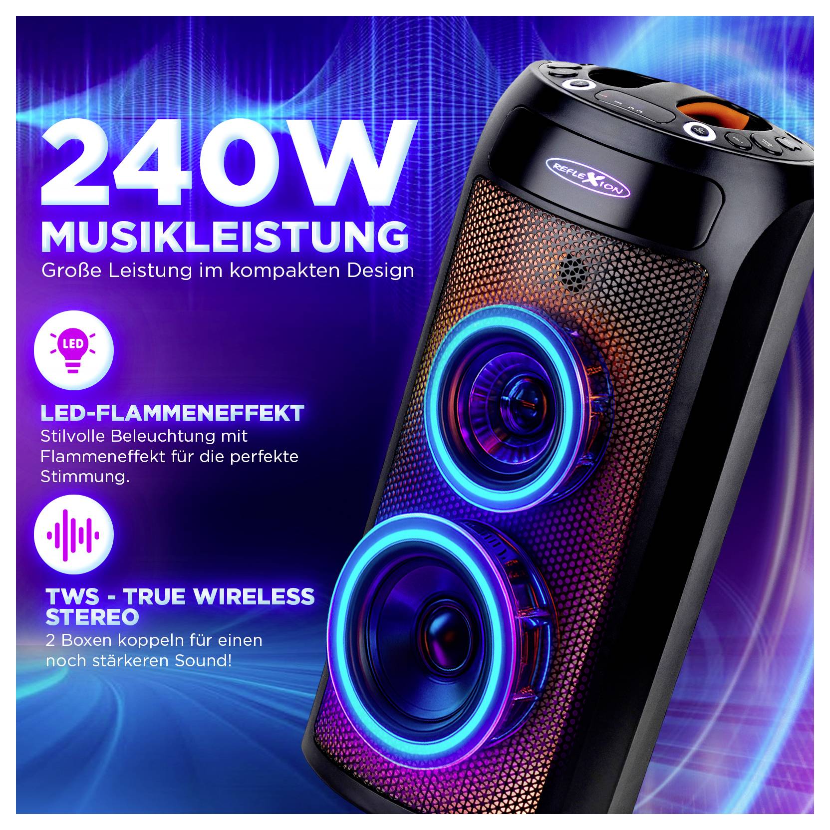 Zvočni sistem, ki promovira '240W glasbeno moč', z LED plamtečimi učinki in 'TWS - True Wireless Stereo' za izboljšan zvok.