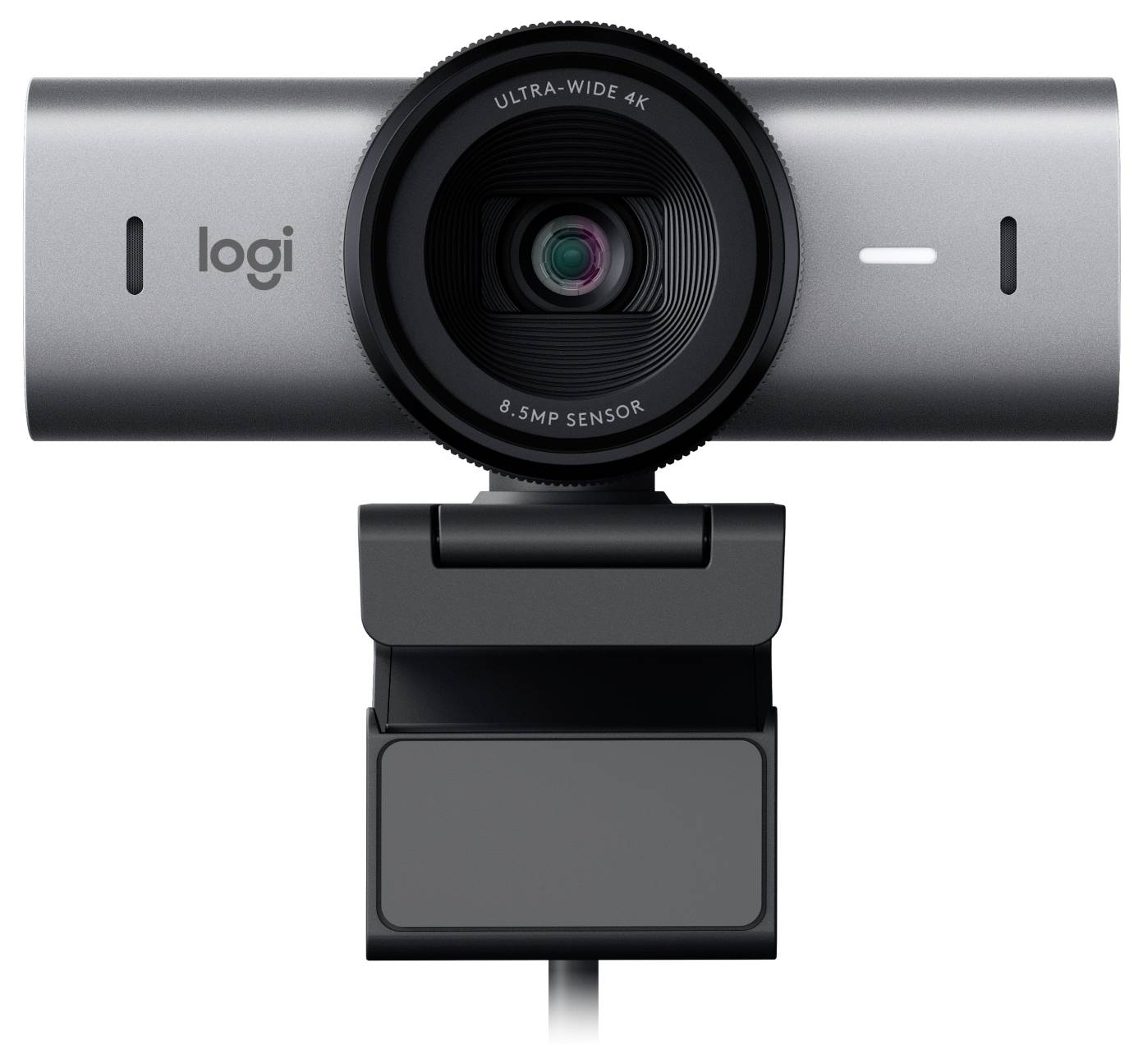 Siva spletna kamera Logitech z napisom 'Ultra-wide 4K' na objektivi in logotipom 'logi' na strani, zasnovana za videoklice visoke kakovosti.
