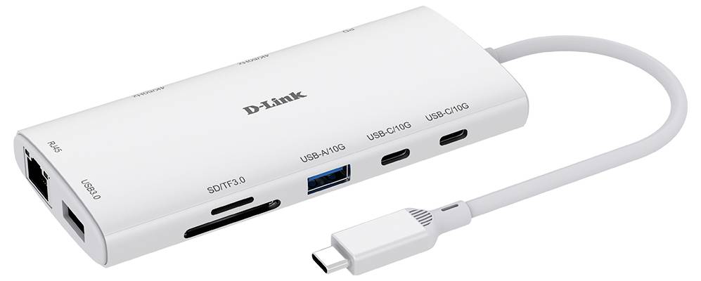 Bel D-Link USB-C vozlišče z več priključki, vključno z HDMI, USB, režami za SD kartice in drugimi povezavami, priključen s kablom.