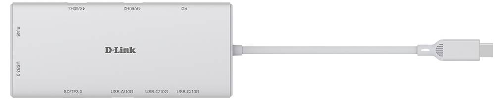 Večportni adapter D-Link z USB-C priključkom, ki ima več vhodnih priključkov: SD kartica, microSD, USB-A, USB-C, HDMI in Ethernet.