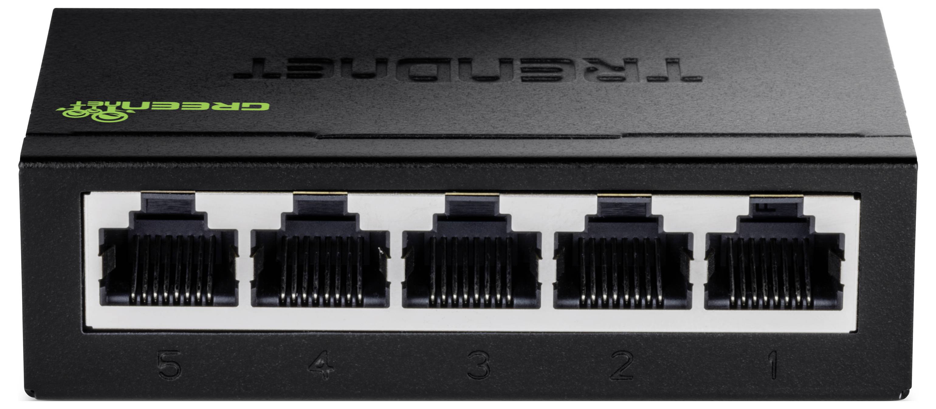 Črn Ethernet stikalo s petimi vrati, označenimi od 1 do 5 na sprednji strani. Na vrhu naprave je natisnjen napis 'TRENDnet'.