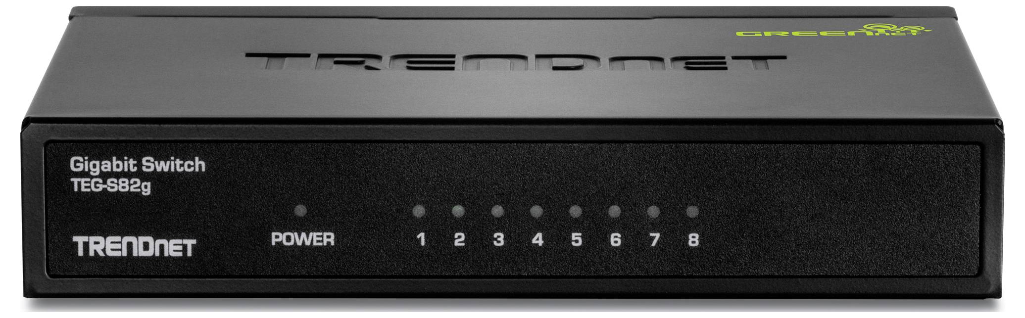 Črn TRENDnet gigabitni omrežni stikalni element z osmimi oštevilčenimi vrati in lučkami za napajanje, model TEG-S82g.