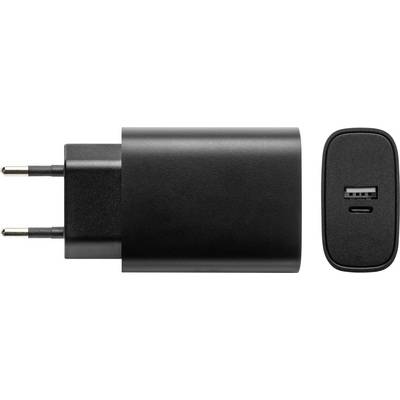 Črn USB stenski polnilec z dvokončno vtičnico, prikazan s stranske in sprednje strani, z enim USB-C in enim USB-A priključkom.