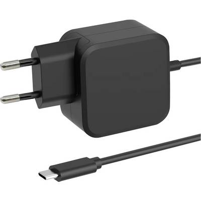 Črn stenski polnilnik z USB-C kablom, zasnovan za evropske vtičnice, položen na beli podlagi.