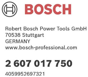 Logotip Bosch in kontaktni podatki za Robert Bosch Power Tools GmbH, Stuttgart, Nemčija, s številkami '2 607 017 750' in '4059952697321'.