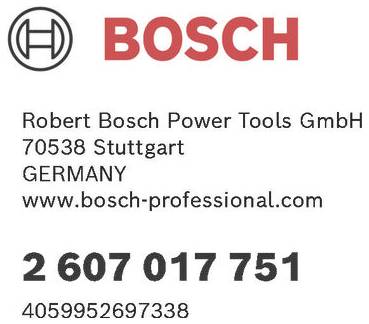 BOSCH logotip z besedilom: 'Robert Bosch Power Tools GmbH, 70538 Stuttgart, NEMČIJA, www.bosch-professional.com, 2 607 017 751, 4059952697338'