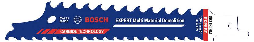 Boscheva žaga z oznako 'Expert Multi Material Demolition', opremljena s karbidno tehnologijo, švicarske izdelave, zasnovana za dolgotrajnost.