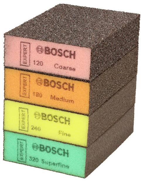 Štiri zložene Boscheve brušne gobe, označene po granulaciji: 120 Grobo, 180 Srednje, 240 Fino, 320 Zelo fino.