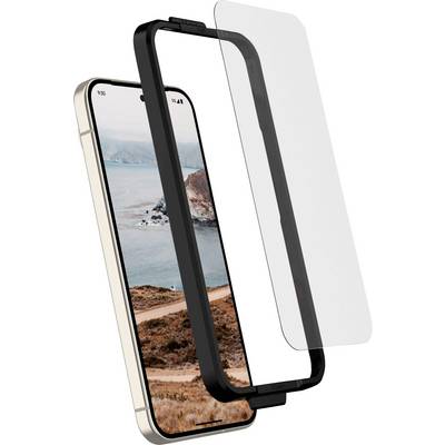 Pametni telefon z krajinsko sliko na zaslonu, deloma prekriti z ločeno zaščitno folijo z črnim okvirjem.
