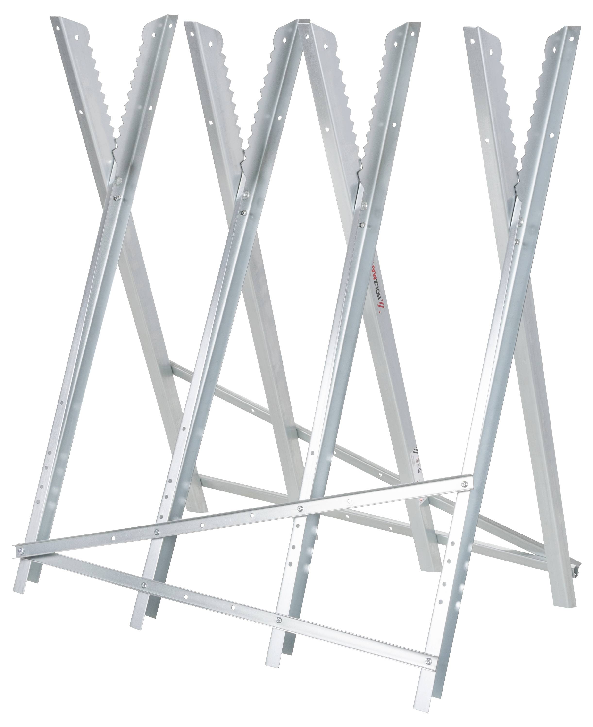 Kovinski »sawhorse« (žagalni konj) z zložljivo X-ogrodje konstrukcijo, ki se uporablja za podpiranje lesa ali drugih materialov med rezalnimi deli.