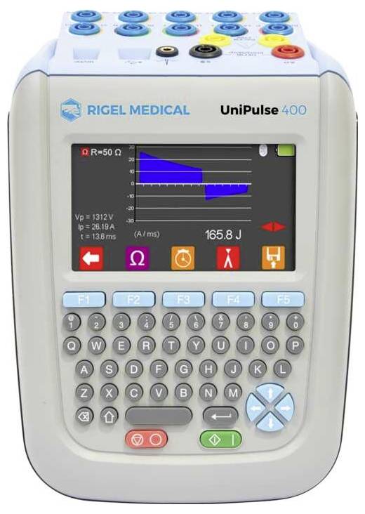 Naprava 'Rigel Medical UniPulse 400' s barvnim zaslonom, ki prikazuje merilne rezultate, kontrolnimi gumbi in številčno tipkovnico.