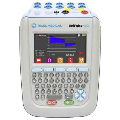 Naprava 'Rigel Medical UniPulse 400' s barvnim zaslonom, ki prikazuje merilne rezultate, kontrolnimi gumbi in številčno tipkovnico.