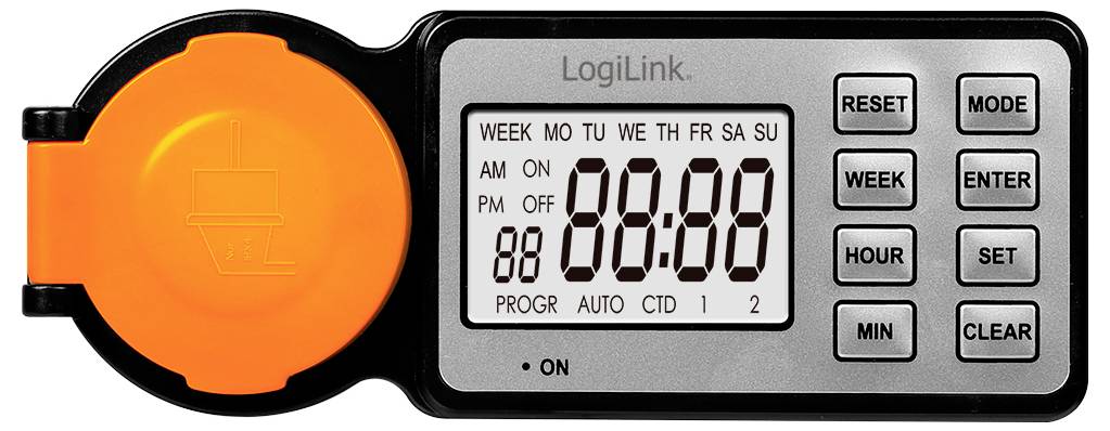 Digitalni timer z gumbi za ponastavitev, način, teden, uro in minute; prikazuje čas in okrajšave dni (MO, TU, itd.).