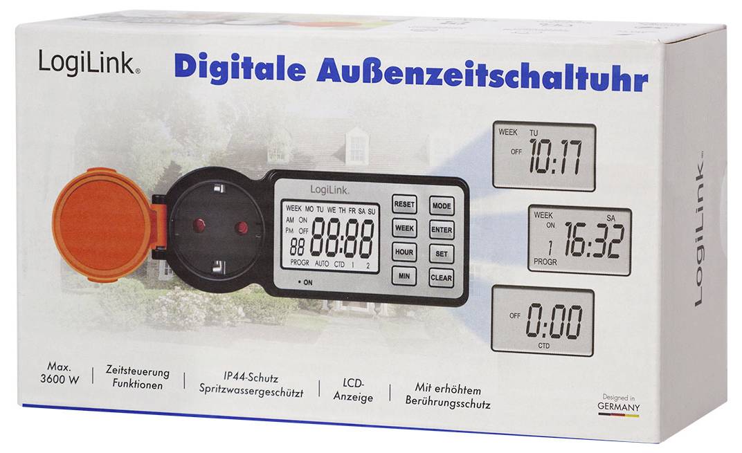 Slika prikazuje škatlo za digitalno zunanjo uro znamke LogiLink z zaščitnim pokrovom. Značilnosti vključujejo LCD zaslon in zaščito IP44.
