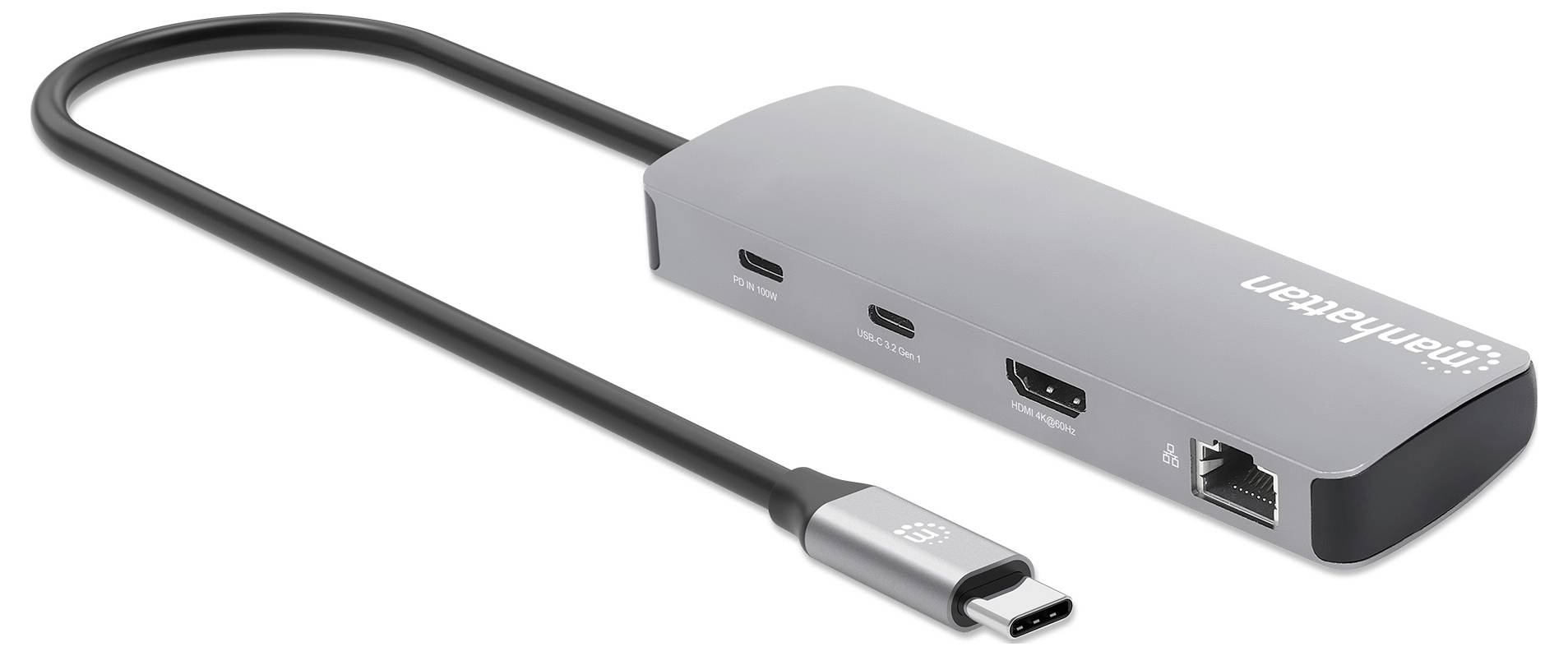 Tanek, srebrn USB-C razdelilec s tremi priključki: dva USB-C, en HDMI in en Ethernet, zasnovan za povezovanje več naprav.