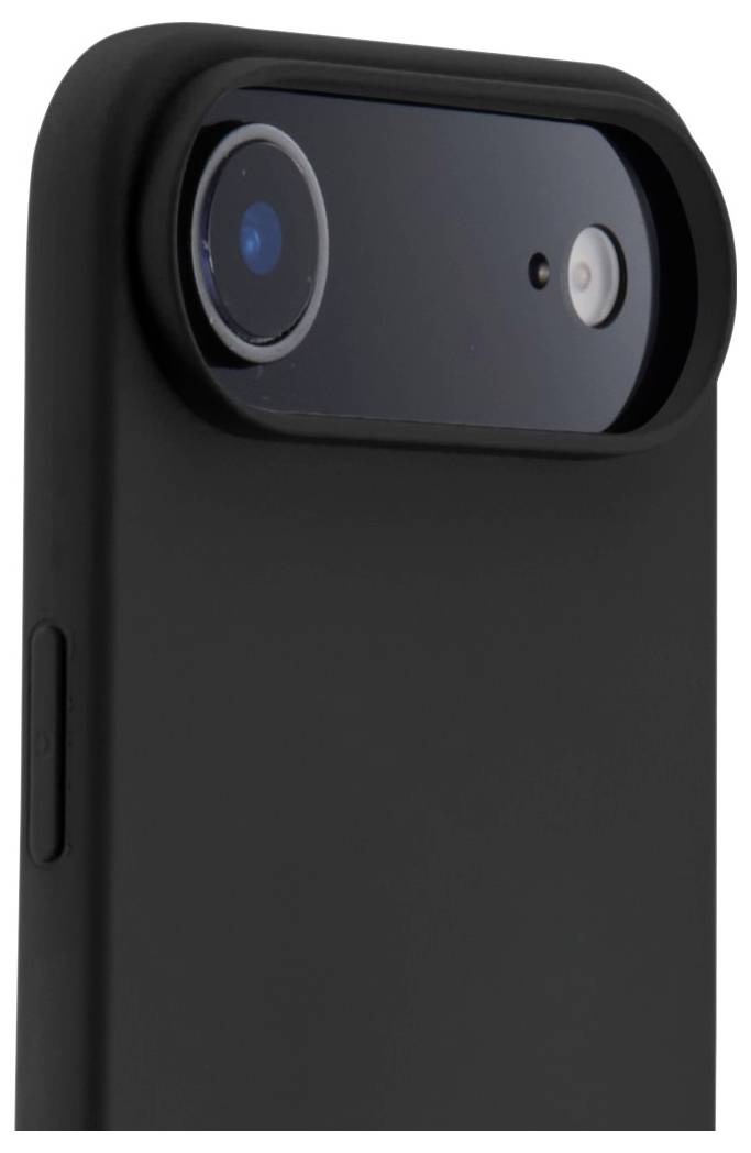 Eleganten črn mobilni ovitek z dvignjenim zaščitnim robom okoli fotoaparata.