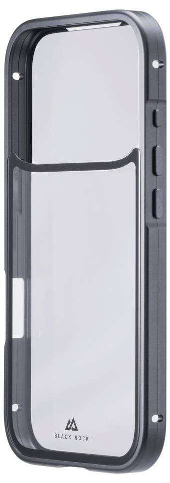 Elegantna črna mobilna torbica z zaobljenimi robovi in reflektivno zadnjo ploščo, ki ima logotip 'Black Rock' nameščen v spodnjem delu.
