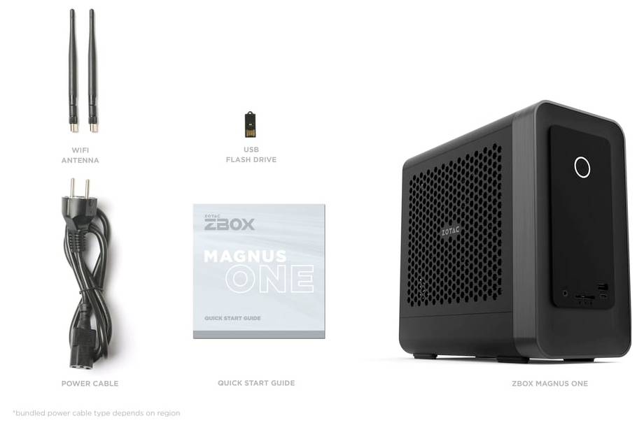 Paket 'ZBOX Magnus One' vključuje WiFi anteno, USB ključ, napajalni kabel, kratka navodila za hitri začetek in kompaktno enoto ZBOX.