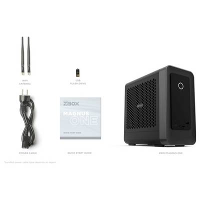 Paket 'ZBOX Magnus One' vključuje WiFi anteno, USB ključ, napajalni kabel, kratka navodila za hitri začetek in kompaktno enoto ZBOX.