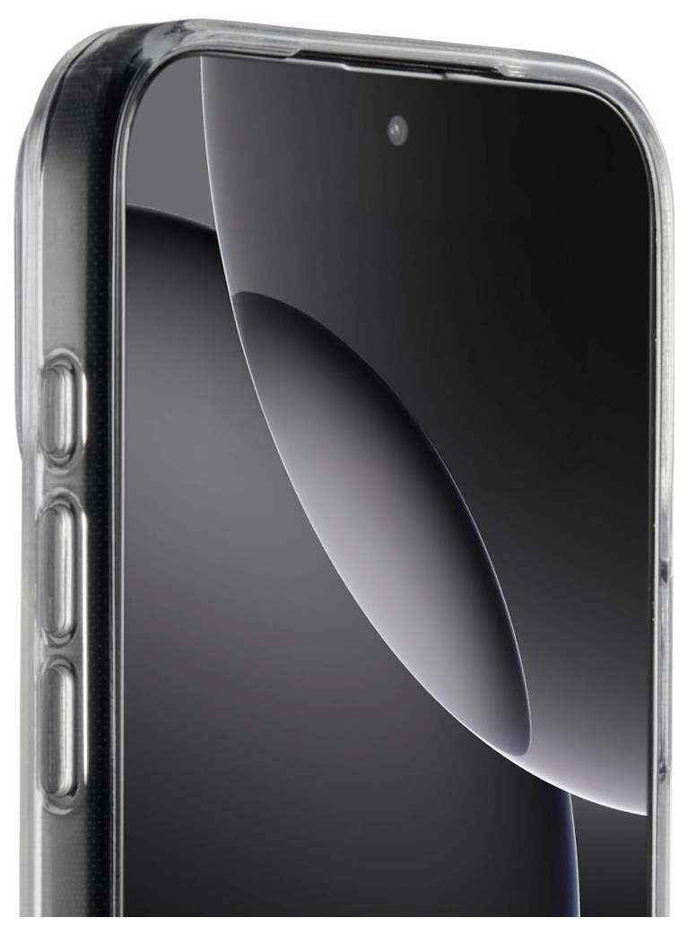 Pametni telefon z elegantnim črnim zaslonom in prozornim zaščitnim ovitkom, ki poudarja njegov minimalističen in sodoben dizajn.
