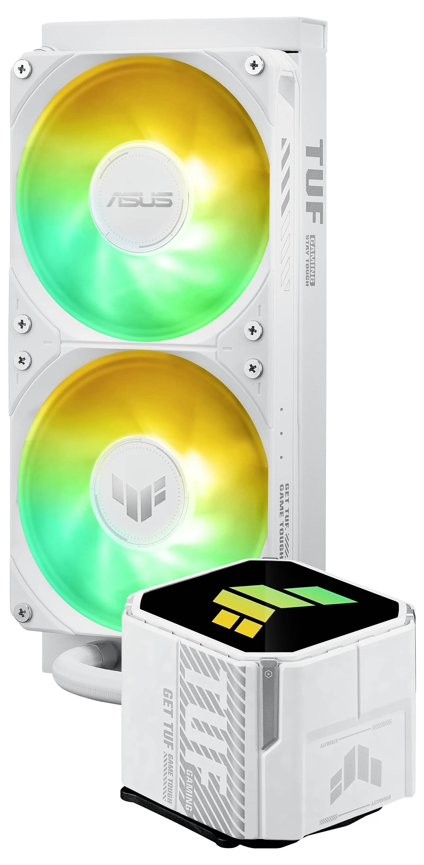 ASUS TUF Gaming LC ARGB White Edition ima dva osvetljena ventilatorja v zeleni in rumeni barvi, s svetlečo kocko, okrašeno z logotipom.