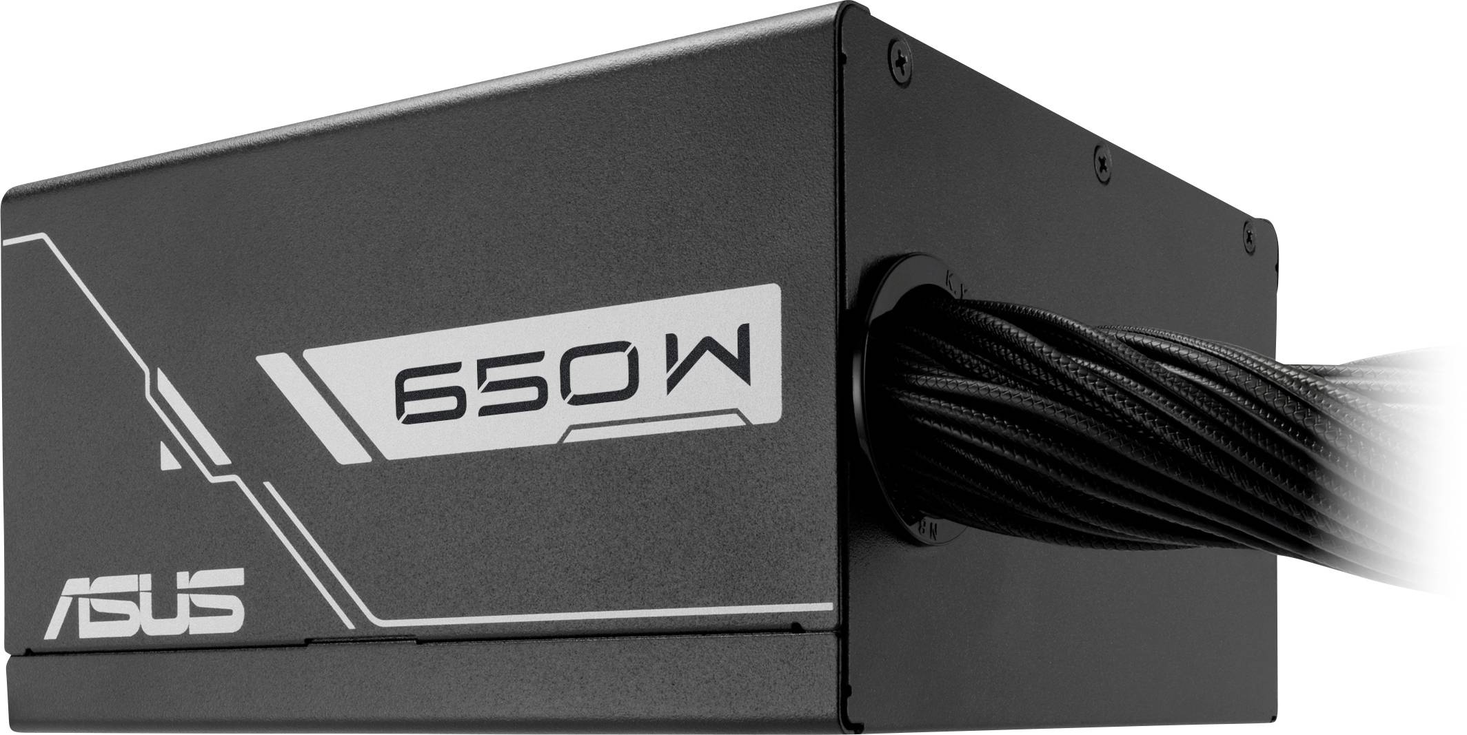 Črn ASUS napajalnik z oznako '650W' z pletenim kablom, ki se razteza iz strani, namenjen namiznim računalnikom.