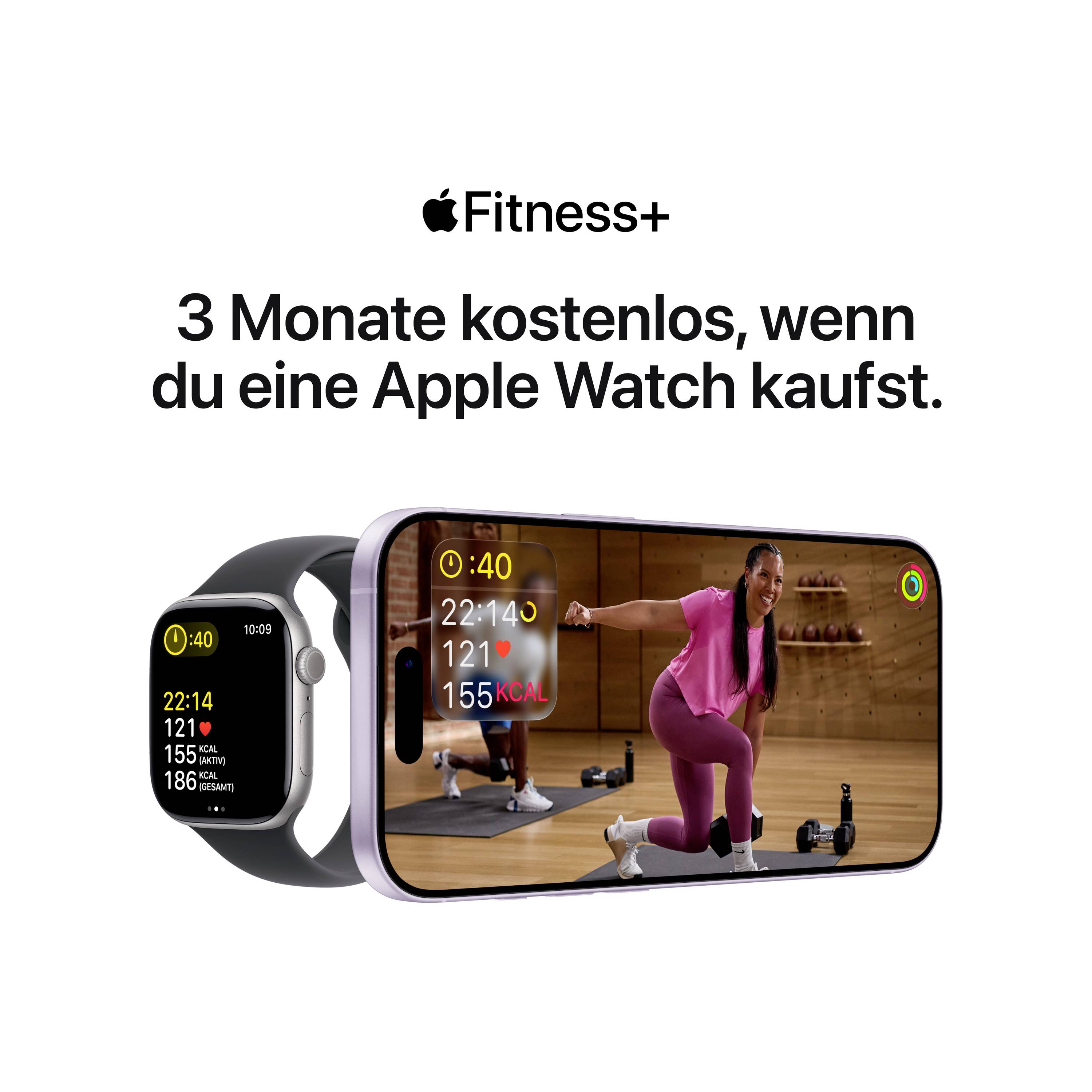 Apple Watch in iPhone prikazujeta fitnes aplikacijo. Besedilo: '3 mesece brezplačno, če kupiš Apple Watch'.