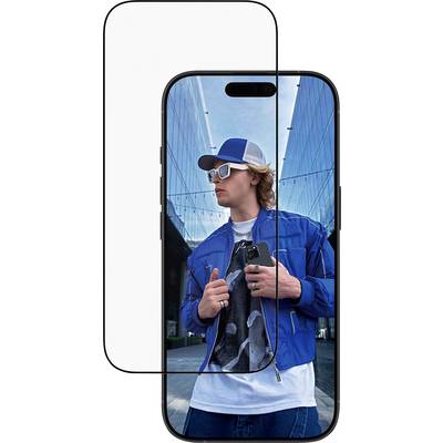 Zaščitna folija za telefon je prikazana s pametnim telefonom, ki prikazuje osebo v modri jakni in s kapo, stoječo med steklenimi stavbami.