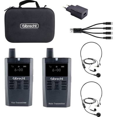 Prenosljiv brezžični avdio prenosni komplet, ki vključuje transportno torbo, vtični adapter, USB kabel, dva oddajnika in dva slušalska kompleta.