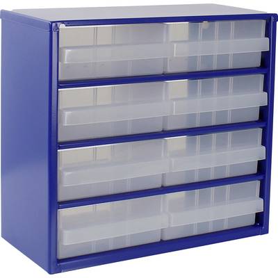 Modra shranjevalna omara s štirimi vrstami prosojnih predalov, namenjena organiziranju orodja ali majhnih predmetov.