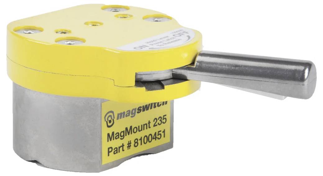 Rumena magnetna stikala MagMount 235 z kovinsko ročico, označena z 'magswitch' in številko dela 8100451, prikazana v profilu.