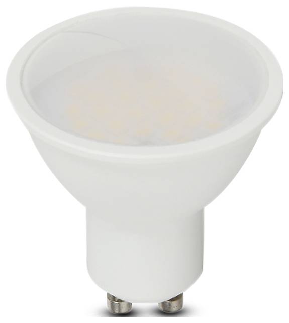 Bela LED žarnica z bazo GU10, ki ima skozi mlečno stekleno prevleko vidne številne majhne LED diode.
