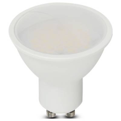 Bela LED žarnica z bazo GU10, ki ima skozi mlečno stekleno prevleko vidne številne majhne LED diode.