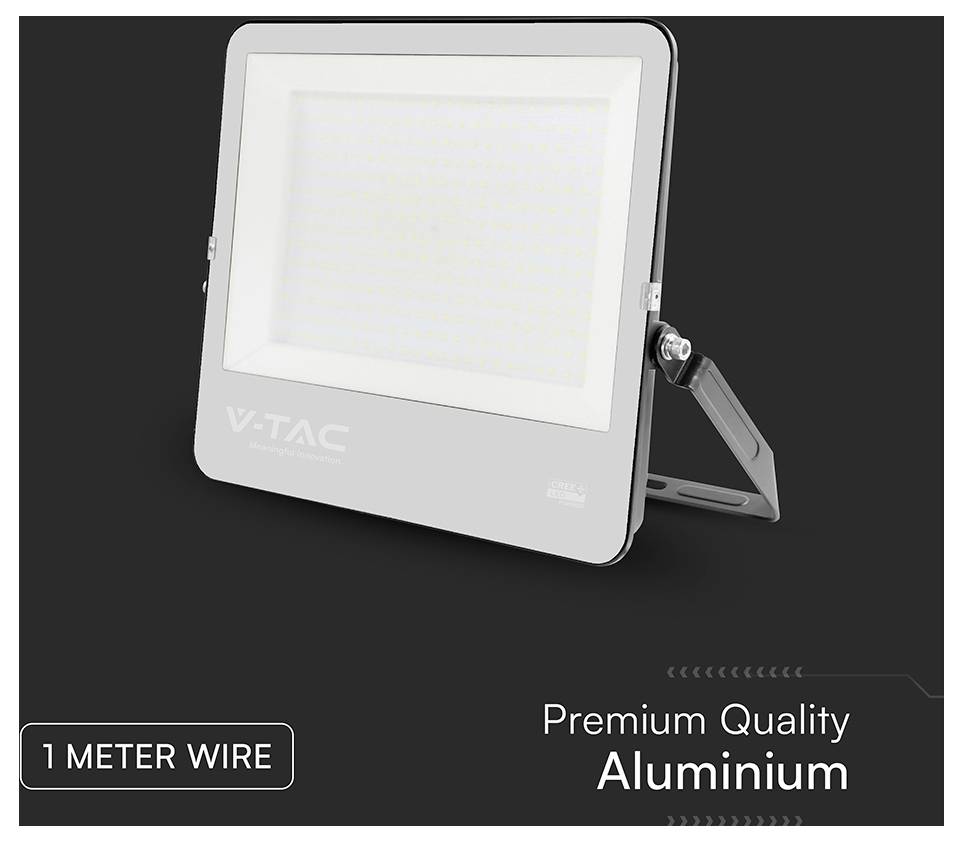 Zunanji LED reflektor podjetja V-TAC z aluminijastim ohišjem, opremljen z 1-metrskim žičnim priključkom, poudarjen na temnem ozadju.