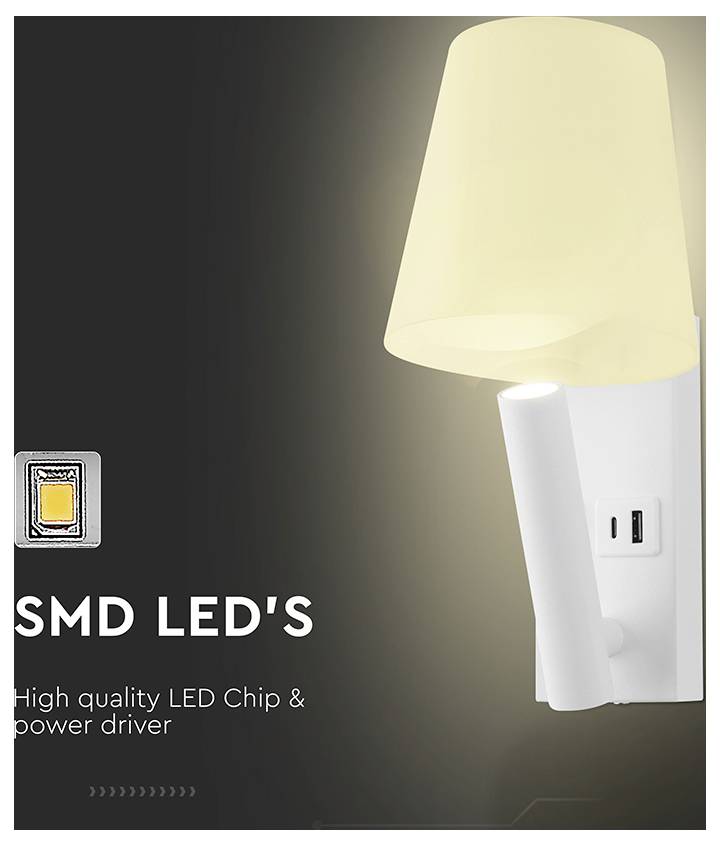 "SMD LED-ji: Visokokakovostni LED čip in napajalni gonilnik." Slika stensko nameščene LED svetilke z USB priključkom, ki seva toplo svetlobo.