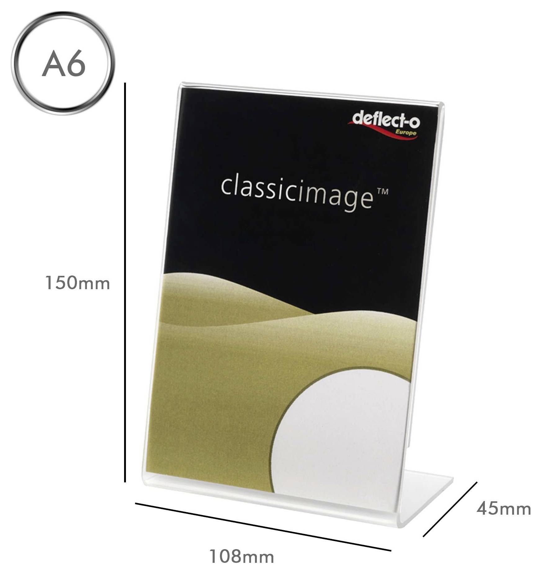 Akrilni foto okvir z dimenzijami: 150 mm višine, 108 mm širine, 45 mm globine, označen z 'classicimage'.