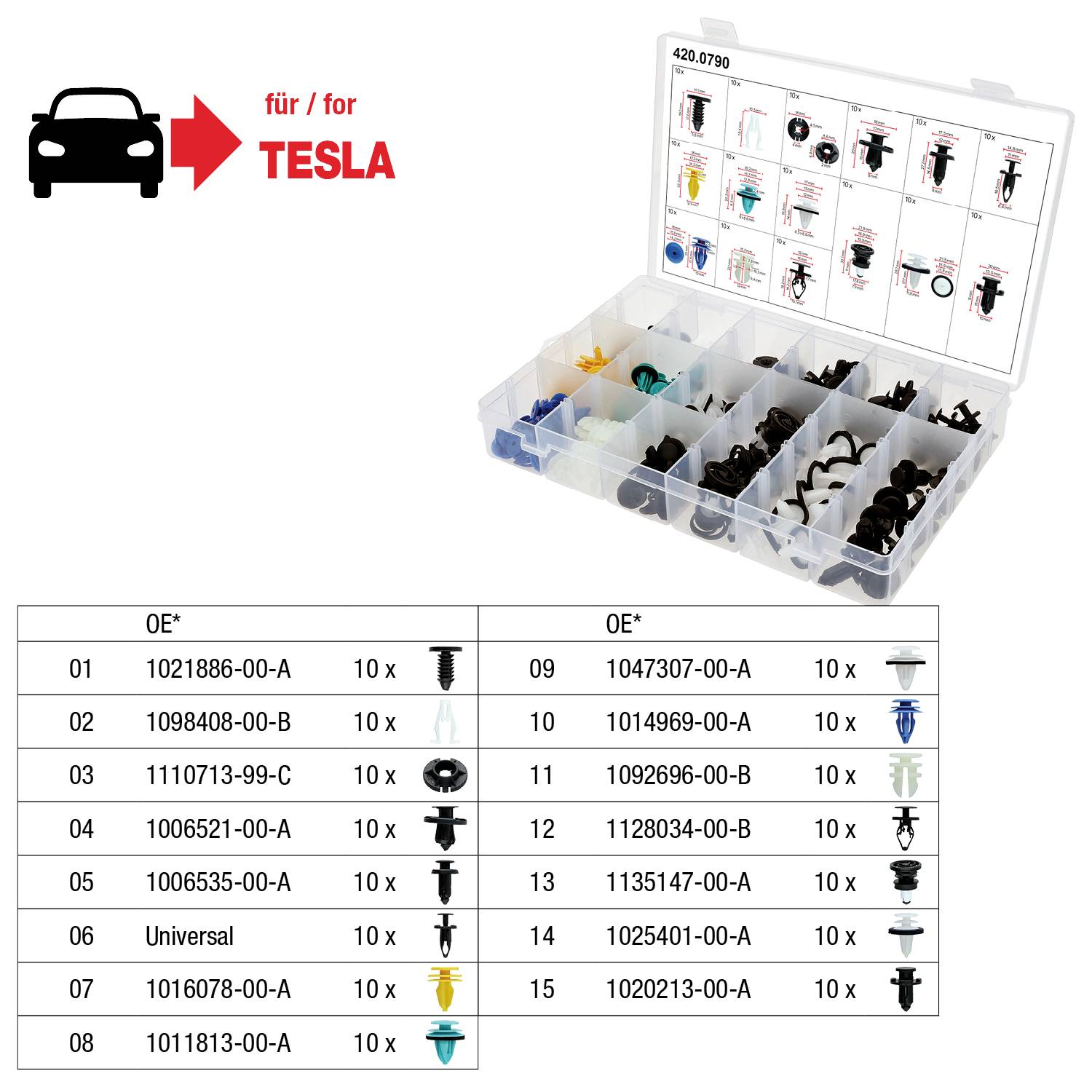 Sklop pritrdilnih elementov za avtomobile Tesla' slika prikazuje plastično škatlo z razdelki različnih avtomobilskih pritrdilnih elementov in seznam, ki navaja modelne številke in količine vsakega tipa.