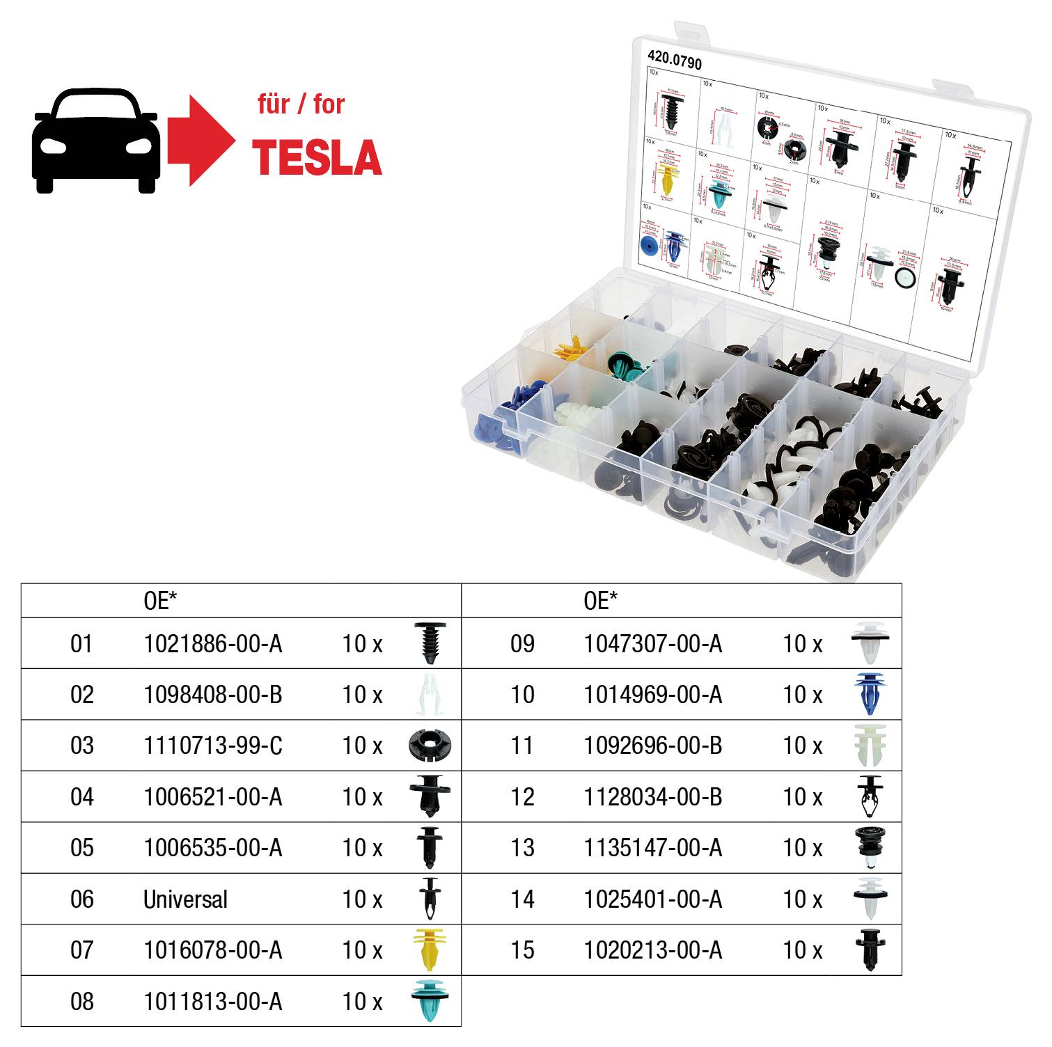 Plastični komplet pritrdilnih elementov za Tesla, vključuje različne sponke in pritrdilne elemente z označenimi številkami in količinami. Škatla vsebuje razvrščene predale.
