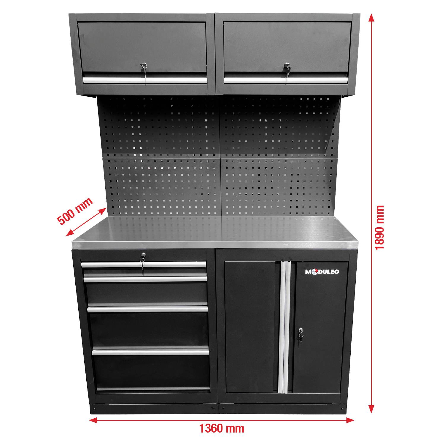 Črna kovinska omarica za orodje s štirimi predali na levi strani, dvema zgornjima predaloma in vratci na desni strani; višina 1890 mm, širina 1360 mm.