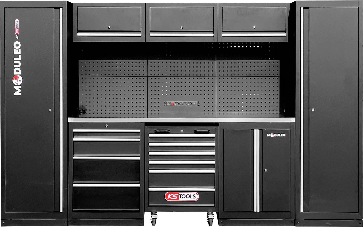 Sistemska črna omarica za orodje znamke 'MODULEO' z večkratnimi predali, prekati in table z luknjicami, primerna za urejeno shranjevanje orodja.