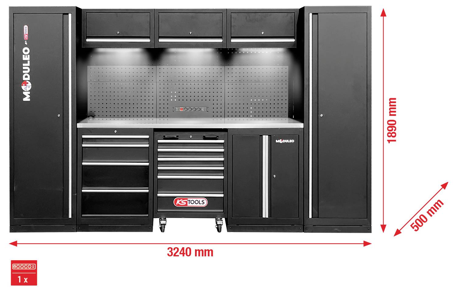 Črn modularen sistem za shranjevanje orodja z razdelki, predali in policami. Dimenzije so 3240 mm širine, 1890 mm višine in 500 mm globine.
