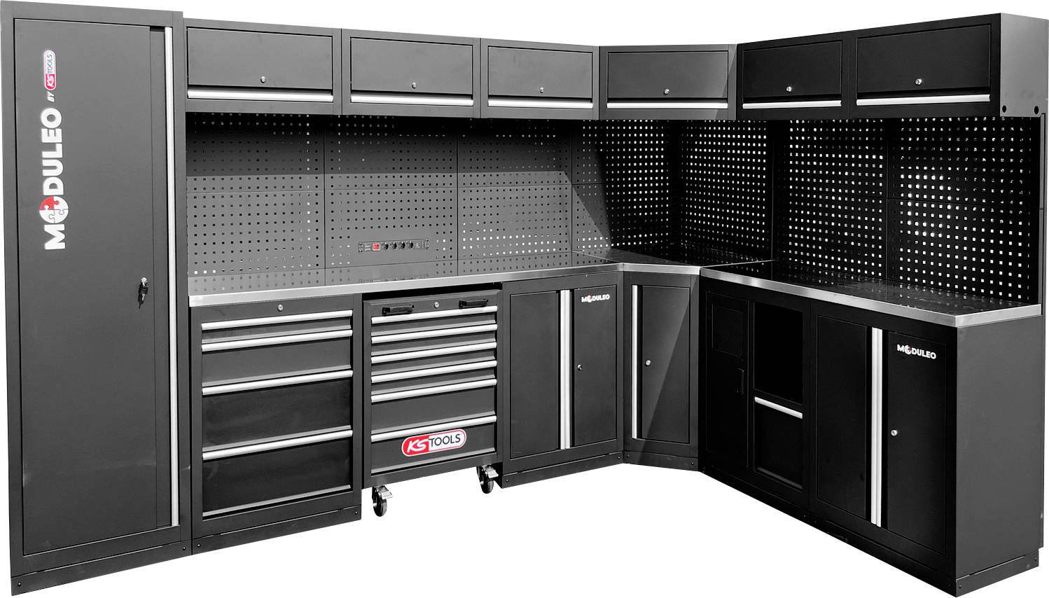 Črn modularen sistem za shranjevanje v garaži z več omaricami, predali in perforiran tabla za orodje z blagovnima znamkama 'Moduleo' in 'KS Tools'.