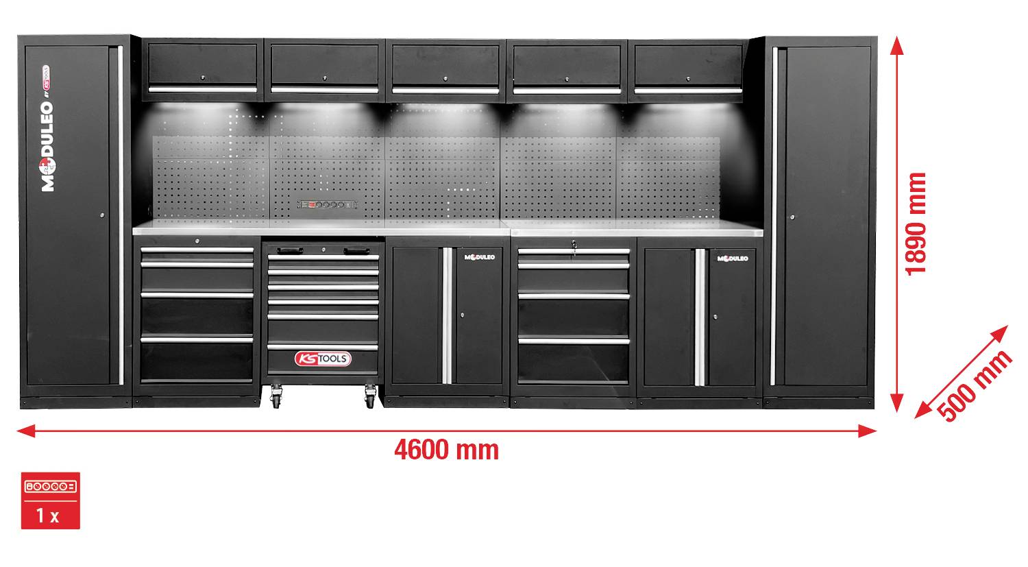Sistem za shranjevanje orodja znamke 'MODULEO' v črni barvi, modularen, z nadglavnimi omarami, stranskimi omarami in predali. Dimenzije: 4600 mm širok, 1890 mm visok in 500 mm globok.