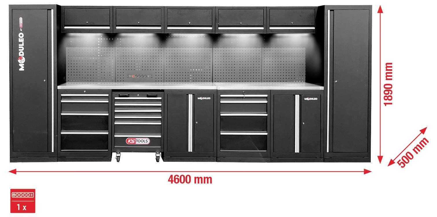 Črna modularna omarica za orodje s šestimi nadgradnimi prostori, predali in odlagalnimi sekcijami. Dimenzije: 4600 mm široka, 1890 mm visoka, 500 mm globoka.