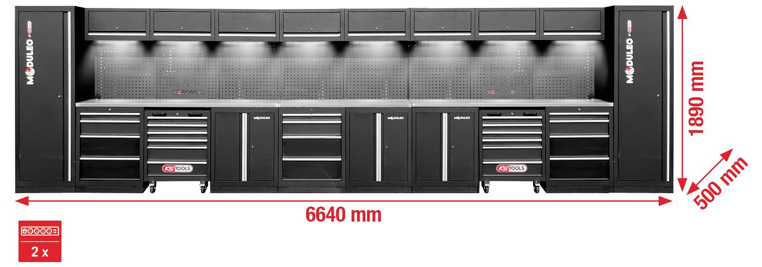 Shrambni sistem 'Moduloo' v črni barvi za garažo z več omaricami in predali. Dimenzije: 6640 mm širina, 1890 mm višina, 500 mm globina.