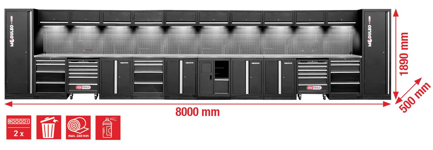 Črni modularen sistem za shranjevanje v garaži s omaricami, predali in veliko perforirana ploščo; dimenzije: 8000 mm širok, 500 mm globok, 1890 mm visok.