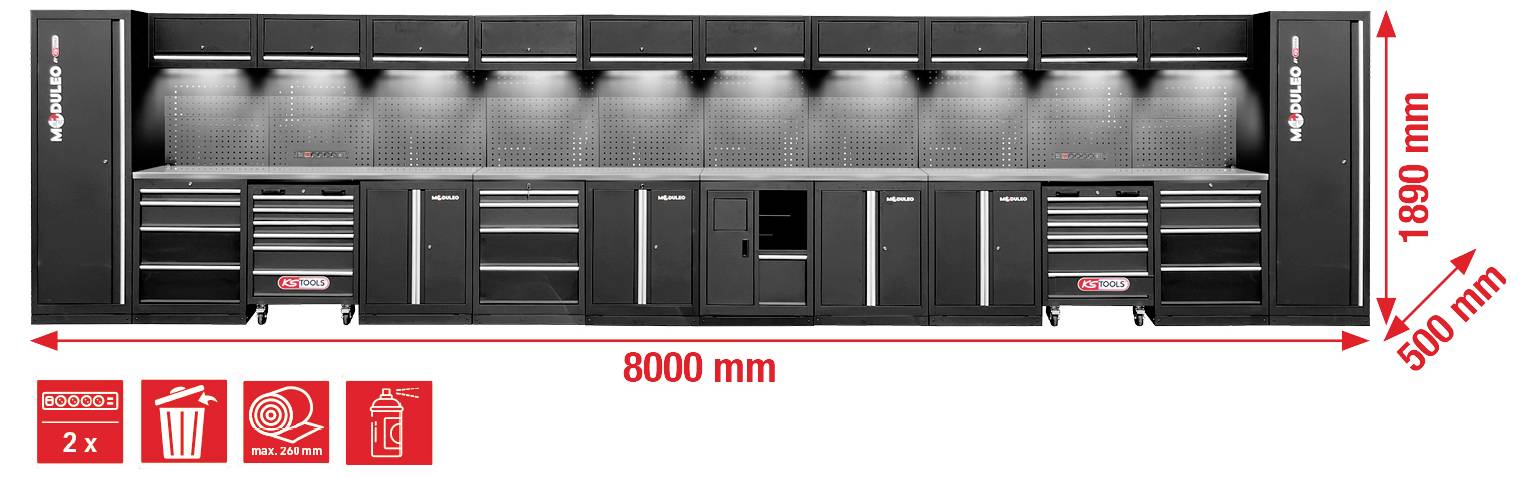 Dolga enota za shranjevanje v garaži z več črnimi omaricami, predali in perforirano ploščo, merami 8000 mm x 1980 mm in globino 500 mm.