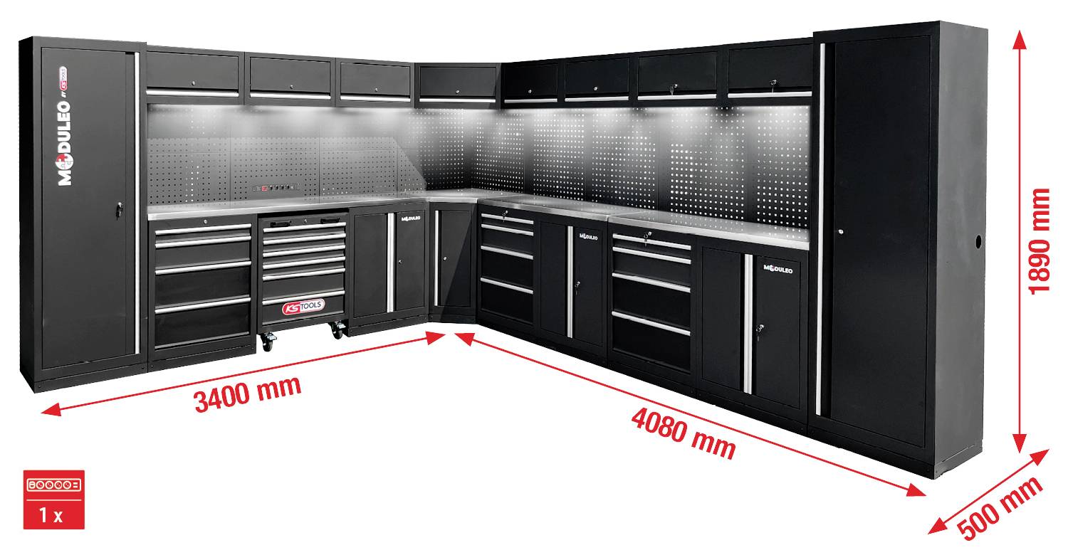 L-oblikovni modularen sistem omar za garažo z predali in policami. Dimenzije označene: 3400 mm (levi segment), 4080 mm (desni segment), 500 mm (globina), 1890 mm (višina).